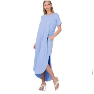 Zenana Outfitters Dress Tshirt Maxi Wm L Blue V-neck Pouch Pocket Side S…